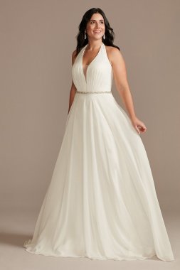 Chiffon Halter Plunge Beaded Waist Wedding Dress WG4014