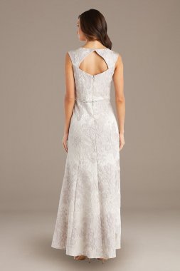 Brocade Square-Neck Sheath Gown with Cap Sleeves 7252