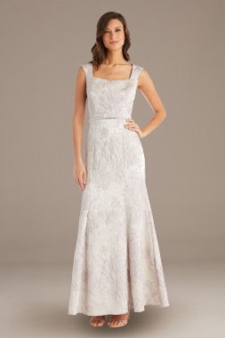Brocade Square-Neck Sheath Gown with Cap Sleeves 7252