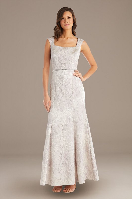 Brocade Square-Neck Sheath Gown with Cap Sleeves 7252
