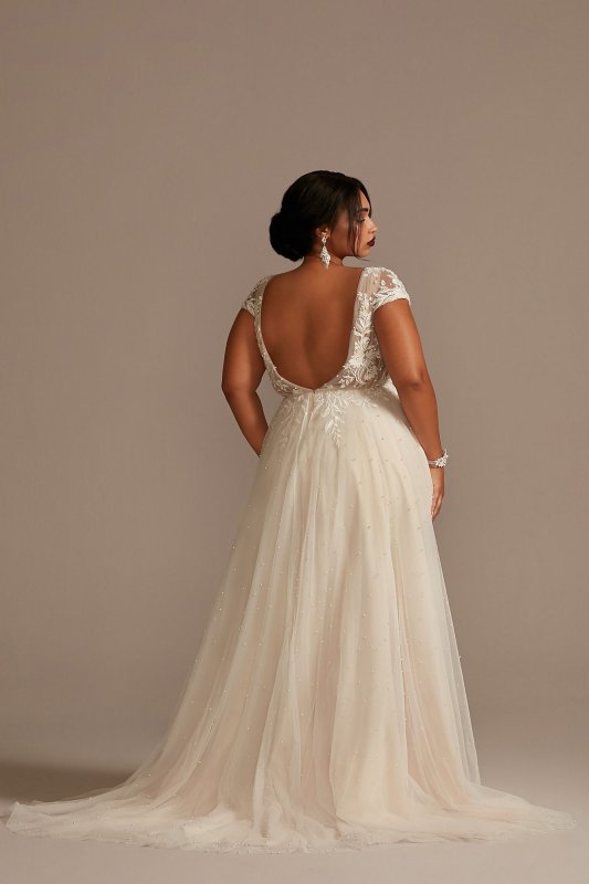 Cap Sleeve Pearly Low Back Plus Size Wedding Dress 8CWG889