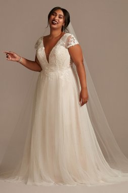 Cap Sleeve Pearly Low Back Plus Size Wedding Dress 8CWG889