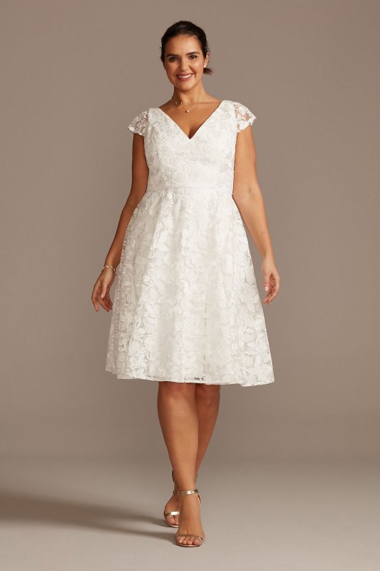 V-Neck Embroidered Lace Cap Sleeve Plus Size Dress 9SDWG0804