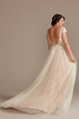 Cap Sleeve Pearl Tulle Wedding Dress with Low Back CWG889