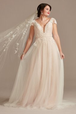 Cap Sleeve Pearl Tulle Wedding Dress with Low Back CWG889
