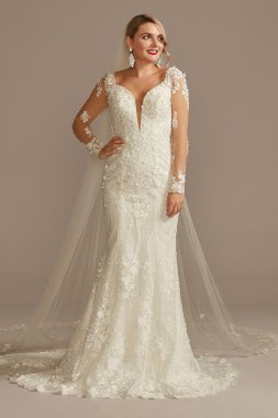 3D Floral Illusion Sleeve Plunge Wedding Dress CWG894