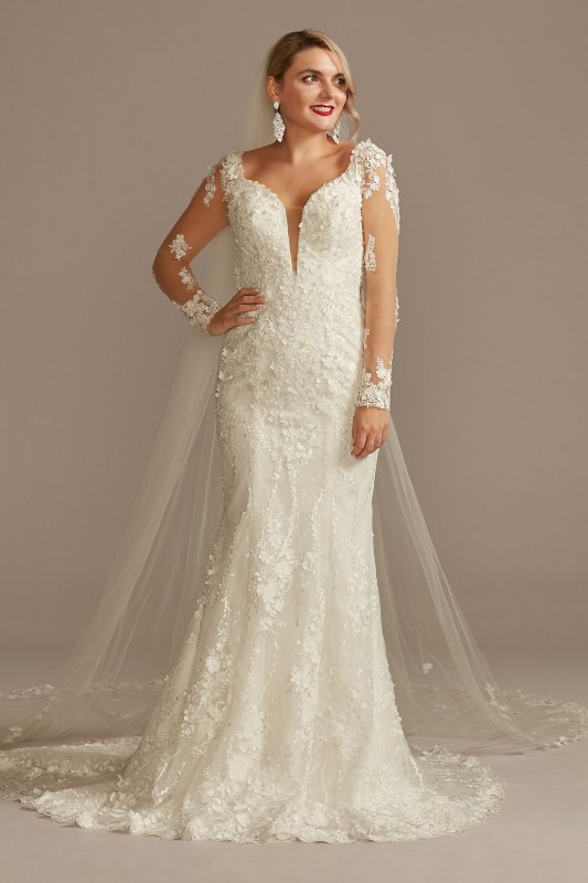 3D Floral Illusion Sleeve Plunge Wedding Dress CWG894