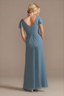 Pleated Flutter Sleeve Chiffon Dress with Crystals D40NY009