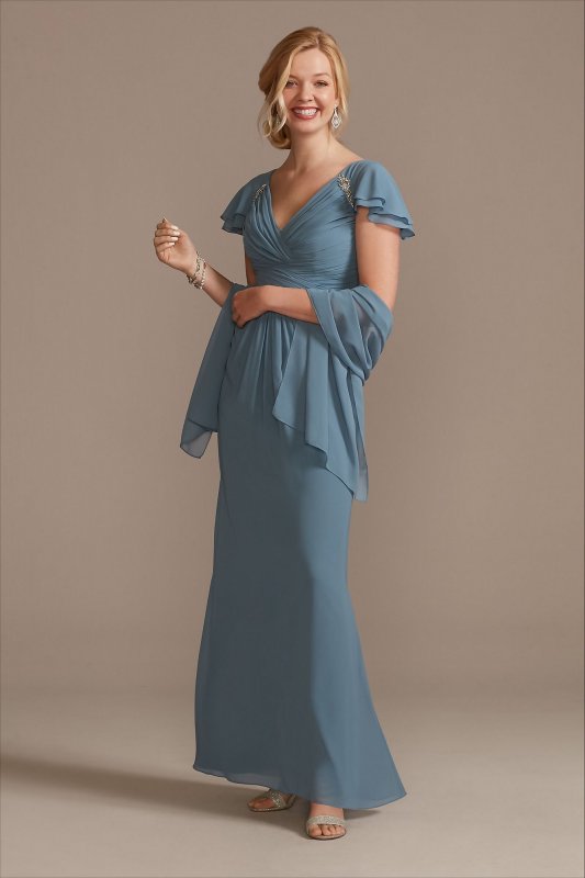 Pleated Flutter Sleeve Chiffon Dress with Crystals D40NY009
