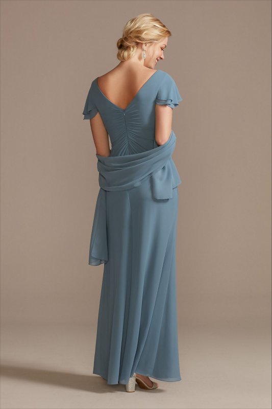 Pleated Flutter Sleeve Chiffon Dress with Crystals D40NY009