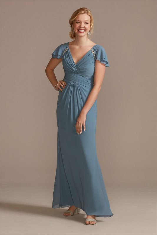 Pleated Flutter Sleeve Chiffon Dress with Crystals D40NY009