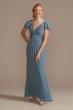 Pleated Flutter Sleeve Chiffon Dress with Crystals D40NY009