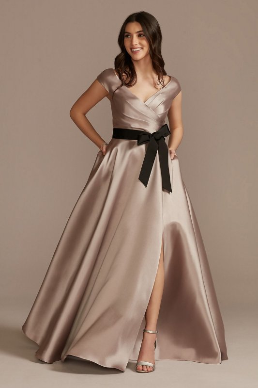 Pleated Satin Cap Sleeve Dress with Bow D40NY023