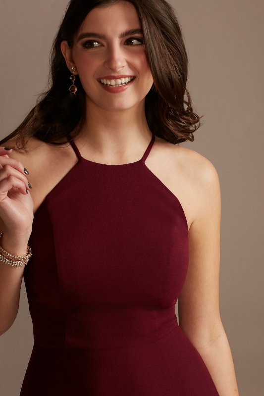 High Neck Crepe A-Line Dress with High-Low Hem WBM2400V2