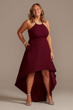 High Neck Crepe Plus-Size Dress with High-Low Hem WBM2400V2W
