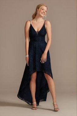 Lace Spaghetti Strap Plunging High-Low Dress WBM2400V3