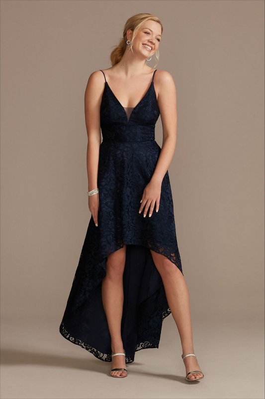 Lace Spaghetti Strap Plunging High-Low Dress WBM2400V3