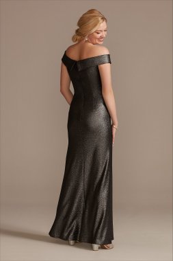 Beaded Ruched Metallic Off-Shoulder Sheath Gown WBM2428V1