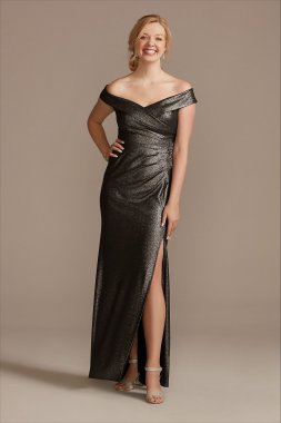 Beaded Ruched Metallic Off-Shoulder Sheath Gown WBM2428V1