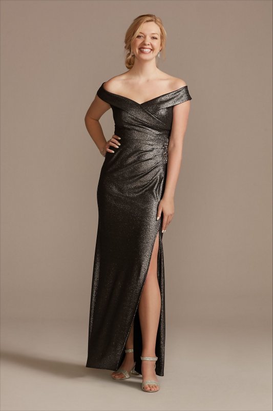 Beaded Ruched Metallic Off-Shoulder Sheath Gown WBM2428V1