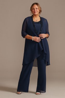 Tonal Beaded Chiffon Plus-Size Pantsuit WBM2429W
