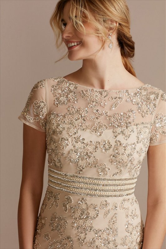 Floral Beaded High Neck Short Sleeve Sheath Dress WGIN206820E