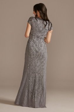 Long Beaded V-Neck Cap Sleeve Sheath Dress WGIN490520A