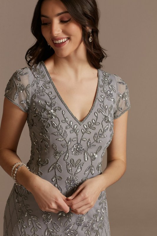Long Beaded V-Neck Cap Sleeve Sheath Dress WGIN490520A