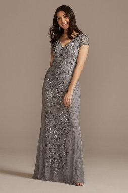 Long Beaded V-Neck Cap Sleeve Sheath Dress WGIN490520A
