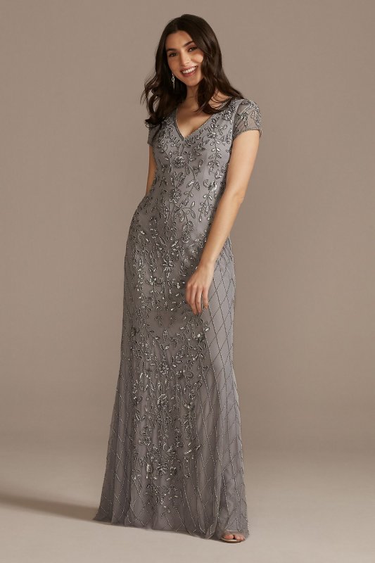 Long Beaded V-Neck Cap Sleeve Sheath Dress WGIN490520A