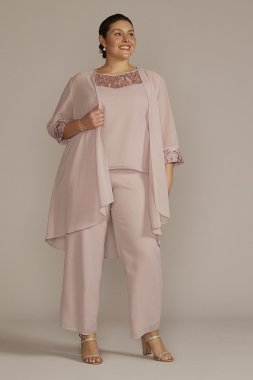 Plus Size Embroidered Chiffon Three-Piece Pantsuit 29852