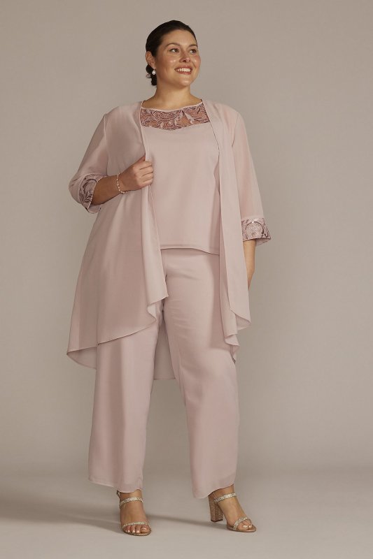 Plus Size Embroidered Chiffon Three-Piece Pantsuit 29852
