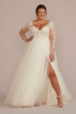 Sheer Bodice Long Sleeve Tall Plus Wedding Dress 4XL9SLWG4036