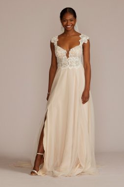 Floral Applique Cap Sleeve Tall Wedding Gown 4XLWG4065