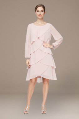 Long Sleeve Tiered Chiffon Dress with Beaded Cuffs 9170378
