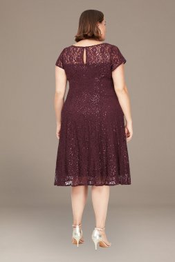 Plus Size Tea Length Illusion Sequin Lace A-Line 9419129