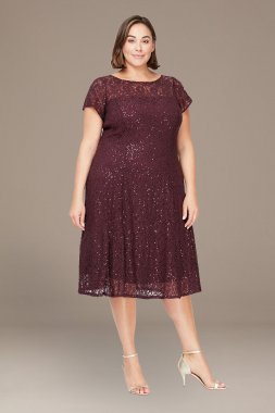 Plus Size Tea Length Illusion Sequin Lace A-Line 9419129