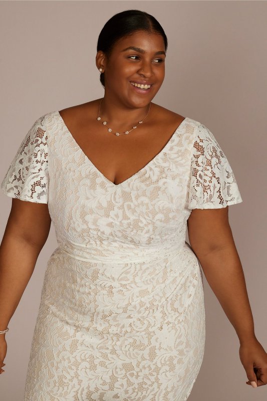 Lace Flutter Sleeve Draped Plus Size Wedding Gown 9SDWG1054