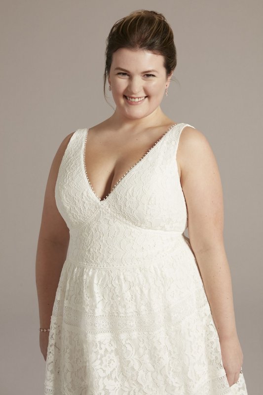 Midi-Length Lace V-Neck Banded Trim Plus Dress 9SDWG1083