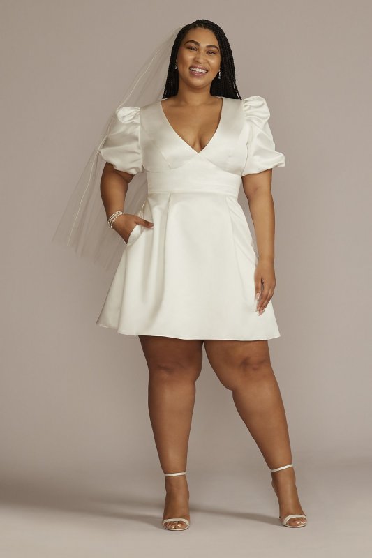 Satin Empire Waist Puff Sleeve Plus Size Dress 9SDWG1089