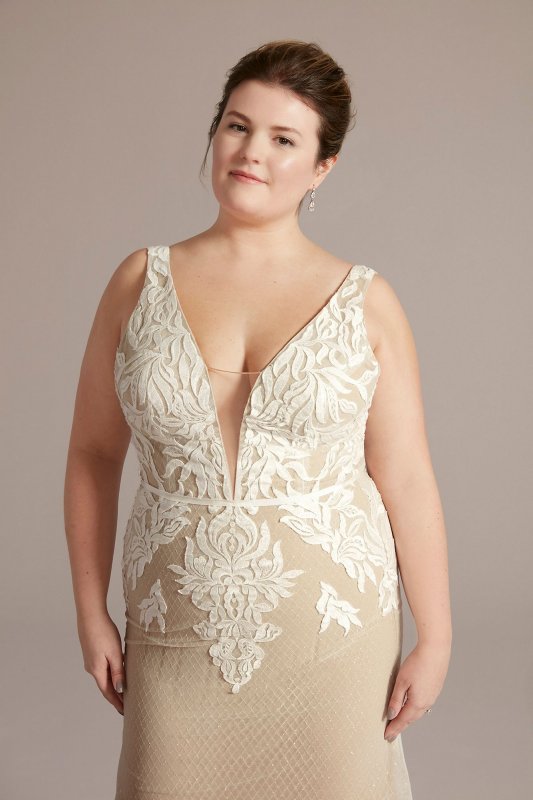Illusion Plunge Lattice Skirt Plus Wedding Gown 9WG4066