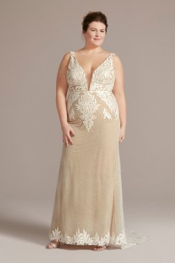 Illusion Plunge Lattice Skirt Plus Wedding Gown 9WG4066