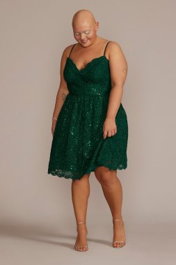 Plus Size Spaghetti Strap Allover Lace Mini A-Line D24NY2108W