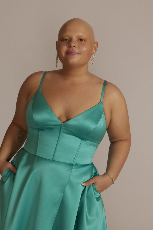Plus V-Neck Satin A-Line Gown with Corset Bodice D24NY22012W