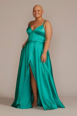 Plus V-Neck Satin A-Line Gown with Corset Bodice D24NY22012W