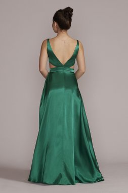 Square Neck Charmeuse Cutout Gown with Slit D24NY22064V1