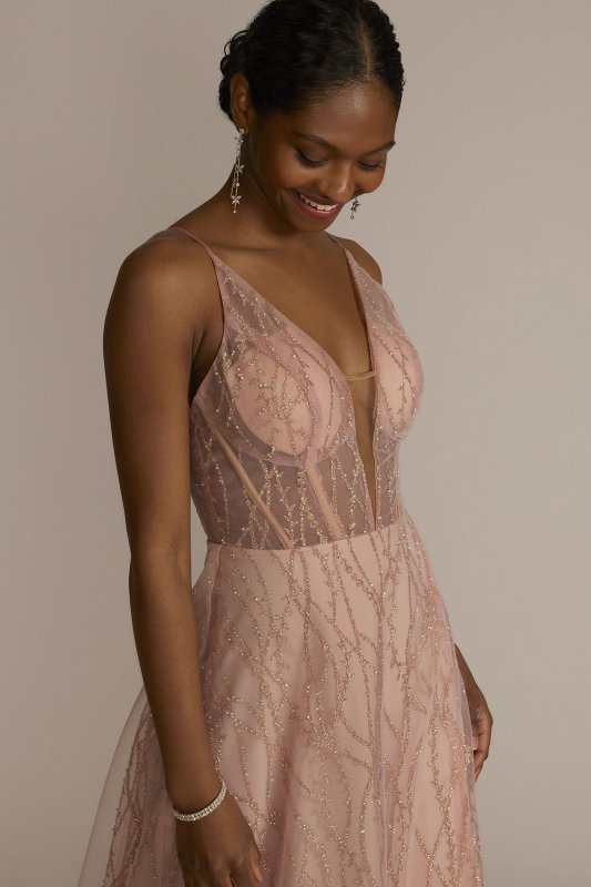 Patterned Sequin Illusion Bodice A-Line with Slit D28NY22289