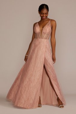Patterned Sequin Illusion Bodice A-Line with Slit D28NY22289