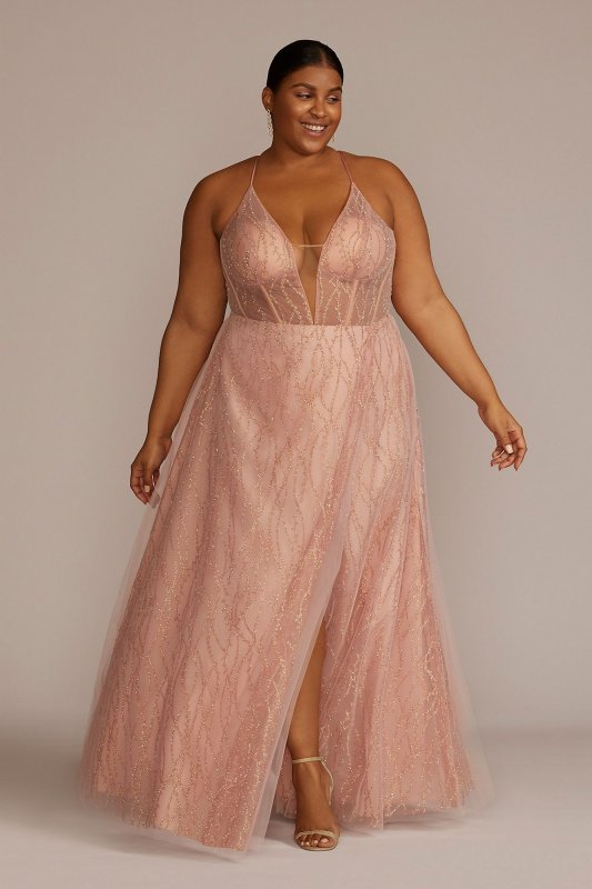 Plus Size Allover Sequin Illusion Bodice A-Line D28NY22289W