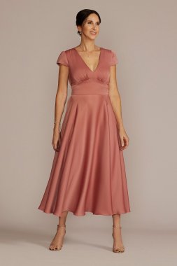 Tea Length Satin A-Line with Waistband Detail D40NY22146V1